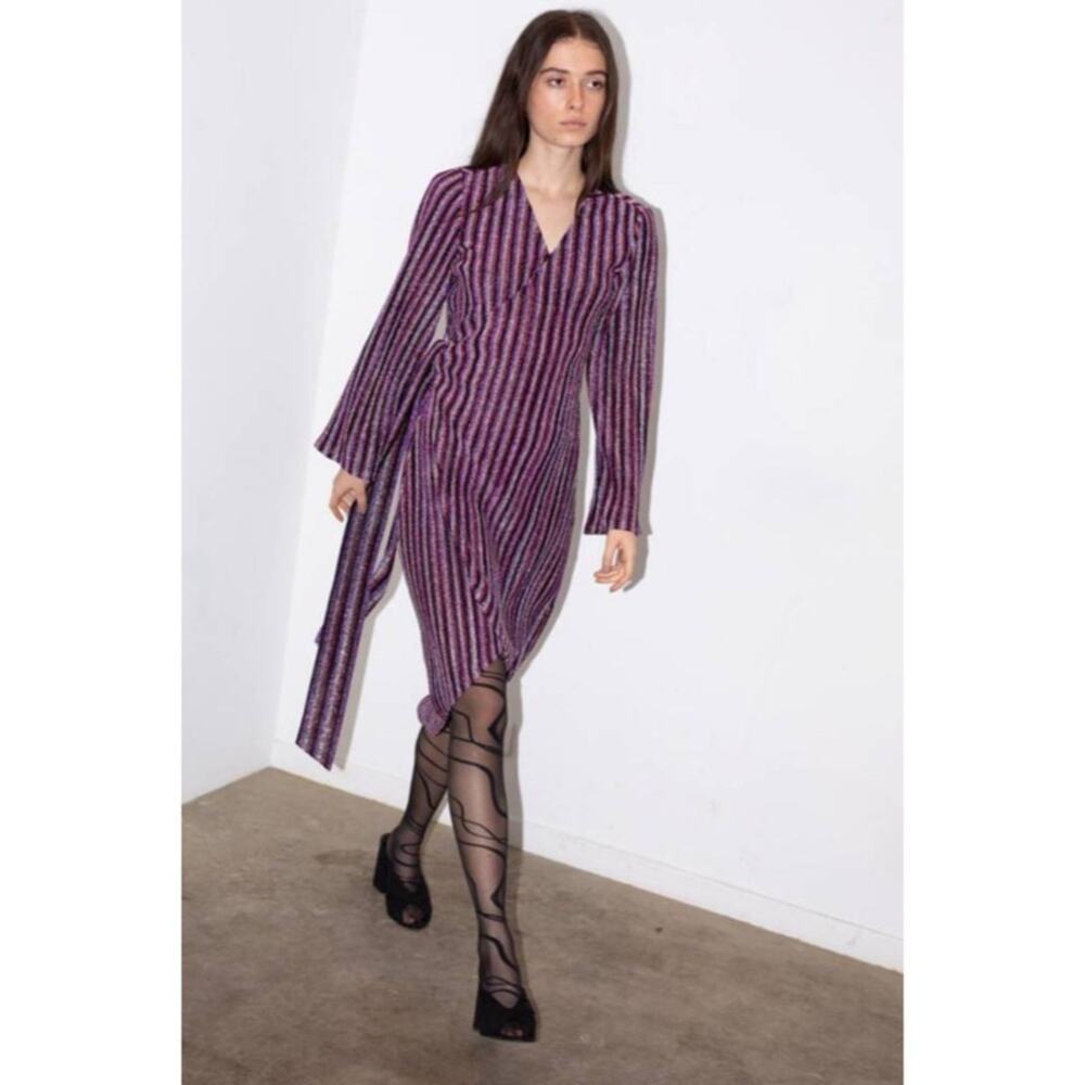 NWT Ayerne Lauryn Metallic Stripe Wrap Dress Long Sleeve Midi Women’s Size XS